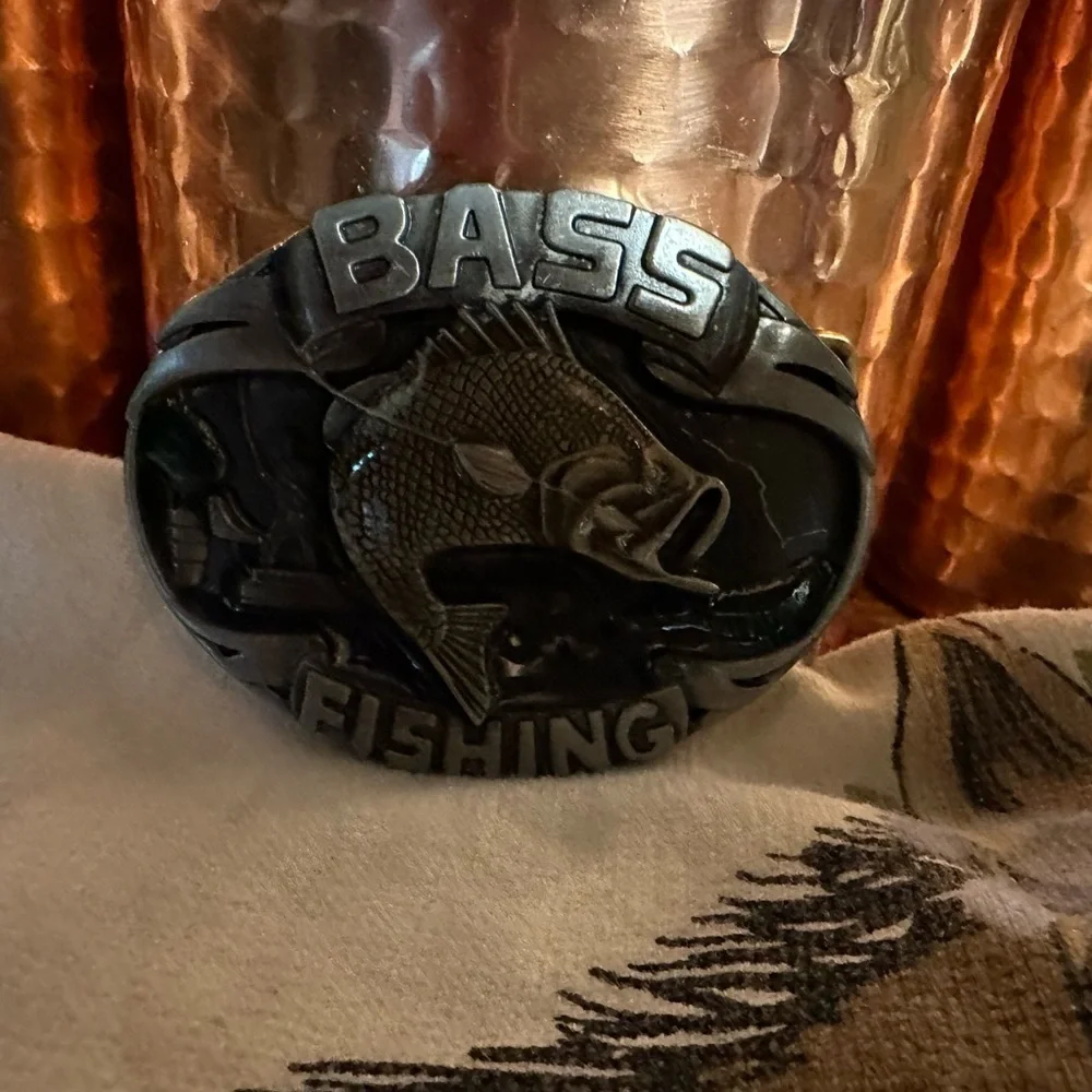 Bass Fishing belt buckle. Almost 4 inches wide. About 3.75 & three inches tall.